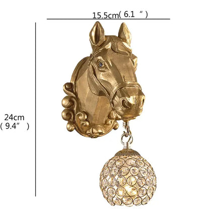 DecorBites™ gold-colored horse head led wall light with dangling crystal globe for home and bedroom decor