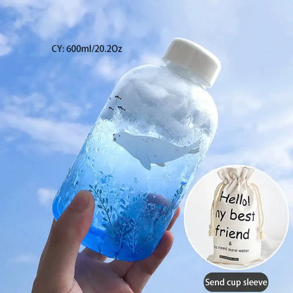 Transparent blue DecorBites glass water bottle with white cap and seal design holding 600ml for outdoor use