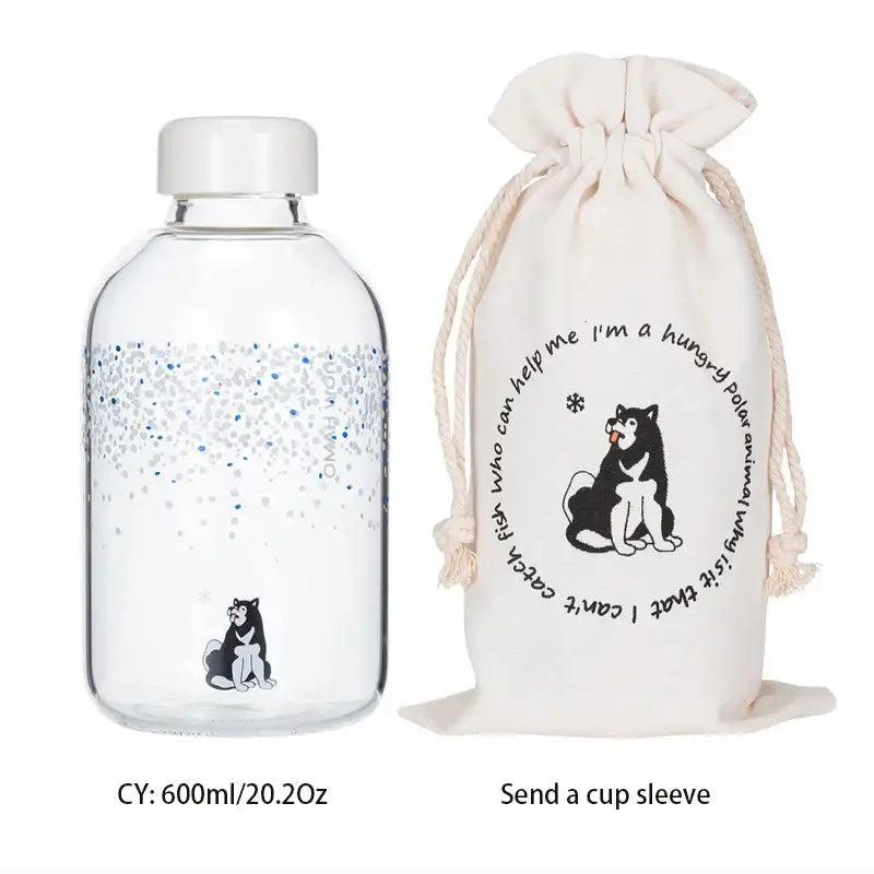 Decorbites™ animal glass water bottle with white cap silver blue glitter and husky design for outdoor use