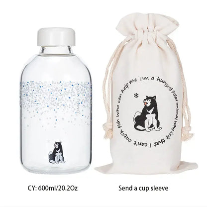 Decorbites™ animal glass water bottle with white cap silver blue glitter and husky design for outdoor use