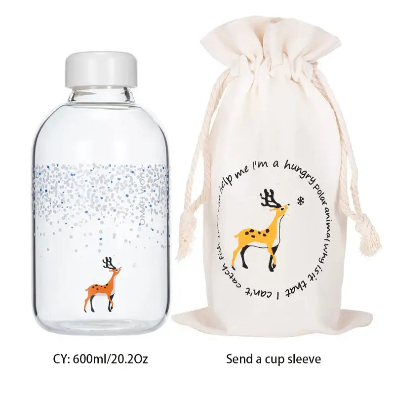 DecorBites™ glass water bottle with white cap featuring orange deer and silver glitter speckles for outdoor use