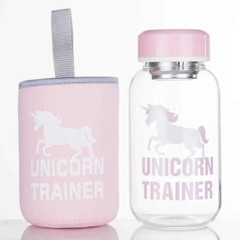 Decorbites™ pink unicorn glass water bottle with matching lid and neoprene sleeve ideal for outdoor activities