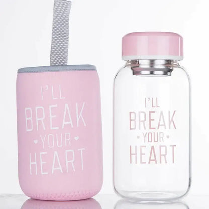 Decorbites™ animal glass water bottle with pink silicone sleeve and gray strap featuring heart design for outdoor use