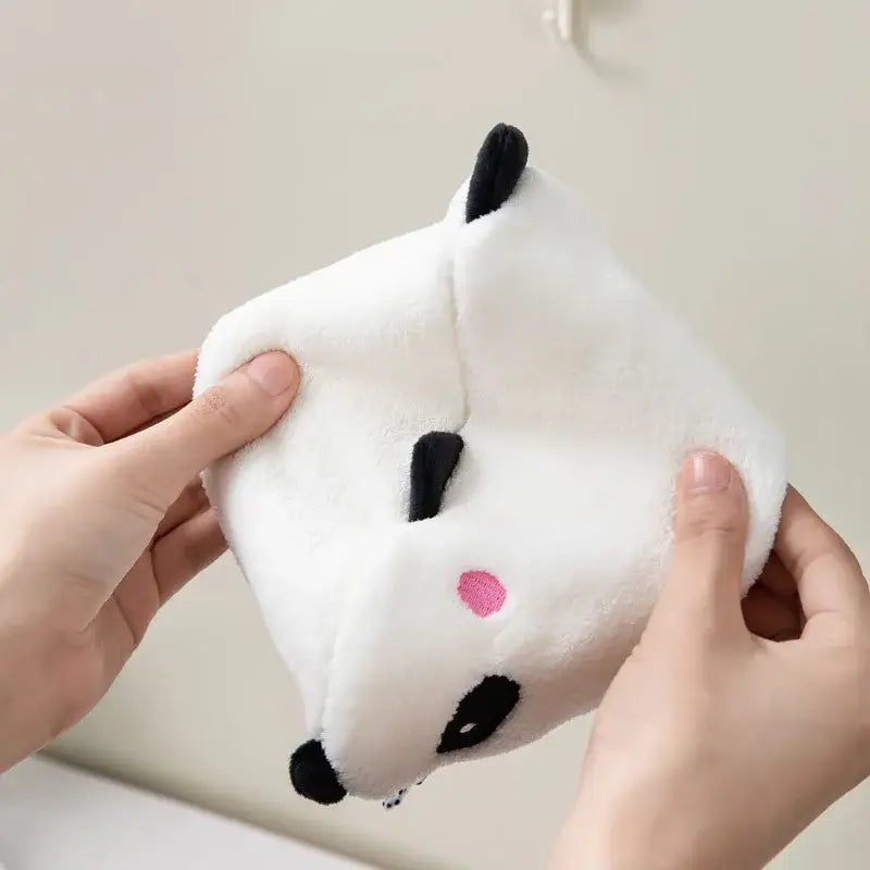 Decorbites™ animal hand towel featuring a soft white plush panda face with black embroidery and a pink cheek dot