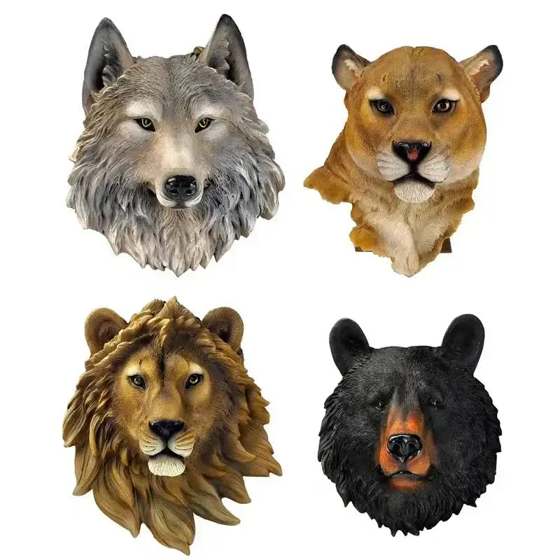 Set of four detailed resin animal head wall decor featuring gray wolf, golden cougar, lion with mane, and black bear hooks