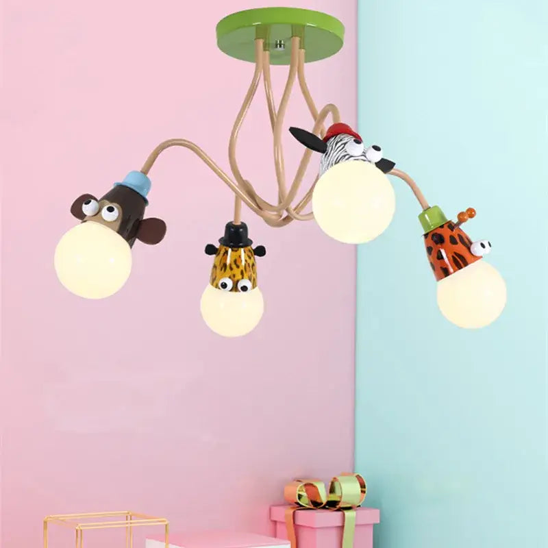 DecorBites™ animal led ceiling light with green and beige cartoon monkey zebra giraffe heads for kids bedroom