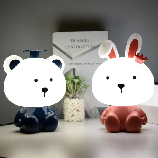 DecorBites™ animal light featuring navy blue bear led night light with graduation cap and coral pink rabbit light with crown