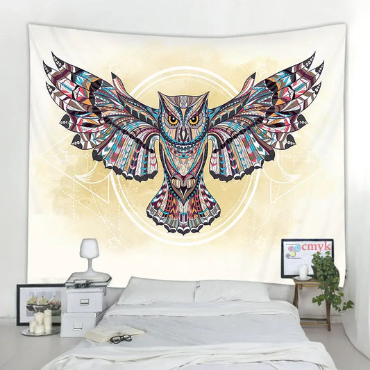 Decorbites vibrant animal mandala tapestry featuring intricately patterned owl with outstretched wings in geometric tribal design