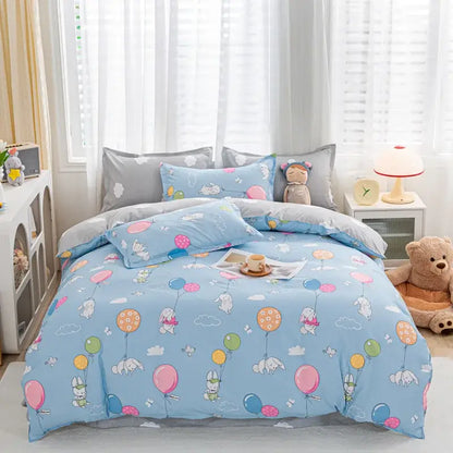 Decorbites™ animal pattern bedding set king queen size quilt set with light blue cartoon bunny and balloon design