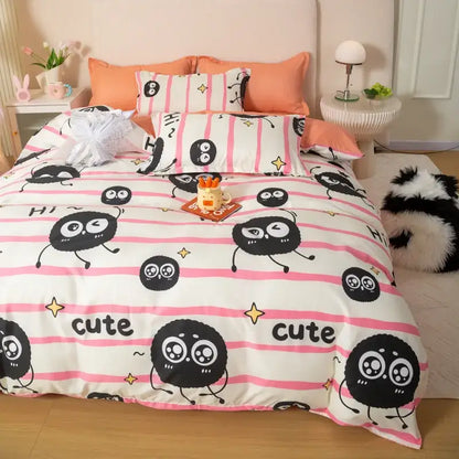 King queen size DecorBites™ animal pattern bedding set with pink white striped duvet and black cartoon creatures design