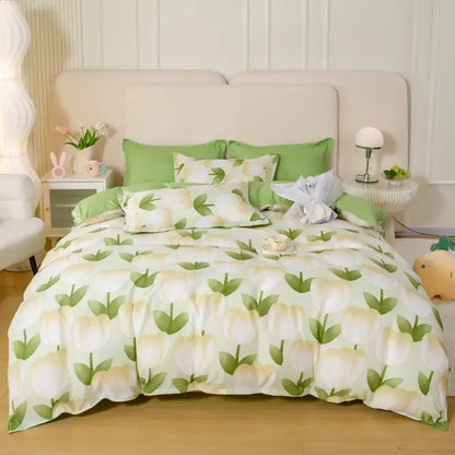 DecorBites animal pattern bedding set king queen size quilt with soft green cream stylized tulip design for home comfort
