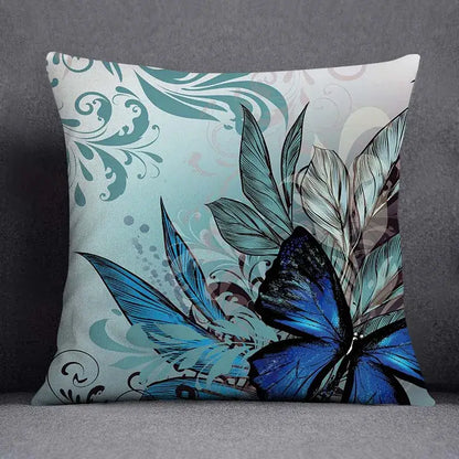 Square decorbites™ animal pattern decorative pillowcase 45x45cm with vibrant blue butterfly on teal and white floral background