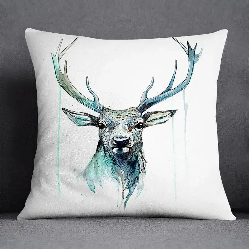 White cushion with teal and blue deer illustration in animal pattern decorative pillowcase 45x45cm by decorbites