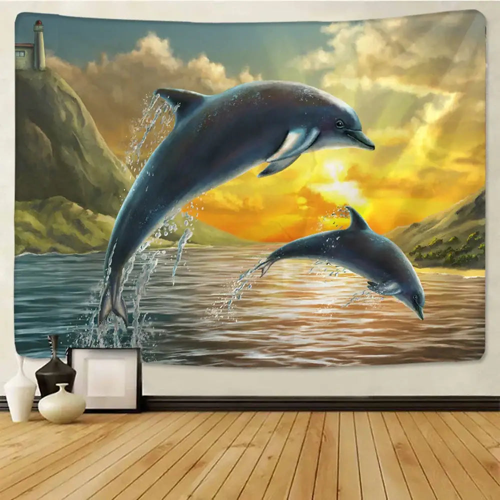 Decorbites™ animal psychedelic tapestry with vibrant dolphins leaping at sunset in golden hues above wooden floor