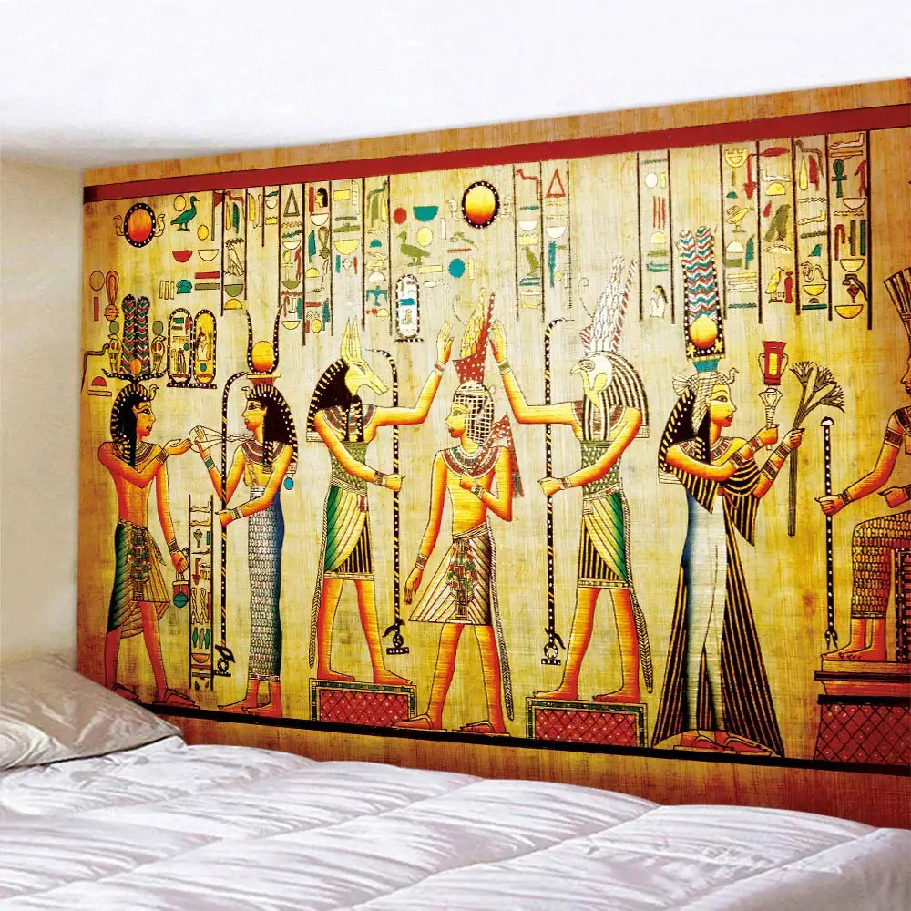 Decorbites™ animal psychedelic tapestry with egyptian hieroglyphics on golden yellow background for home decor yoga mat