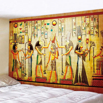Decorbites™ animal psychedelic tapestry featuring egyptian-themed hieroglyphics on golden-yellow home decor yoga mat
