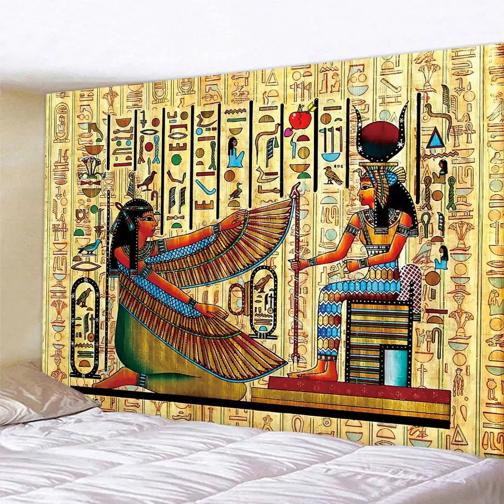Decorbites™ animal psychedelic tapestry featuring vibrant egyptian figures on fabric for home decor and yoga mat use