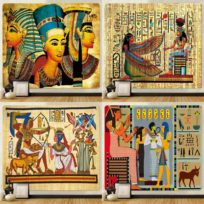 DecorBites™ animal psychedelic tapestry featuring vibrant Egyptian-themed hieroglyphic designs for home decor or yoga mat use