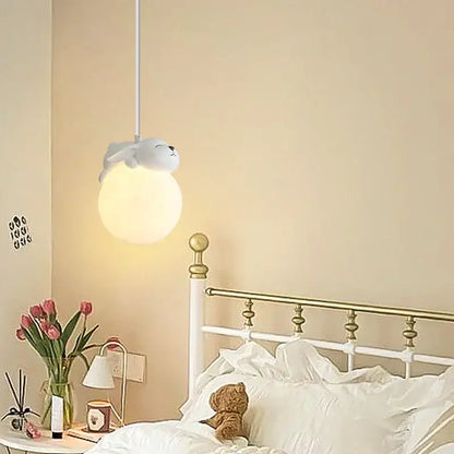 Cute white plush seal resin pendant lamp with soft glowing spherical bulb for children’s room lighting