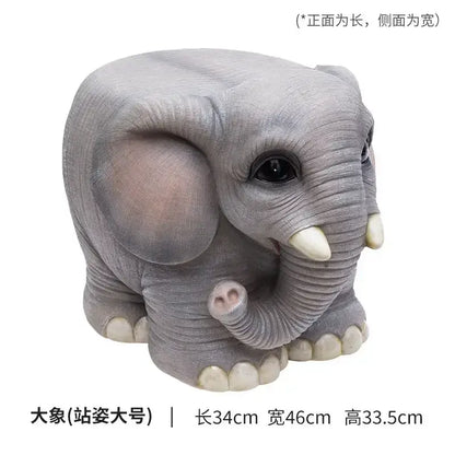 Gray elephant resin sculpture footstool seat with detailed textured skin and white tusks for living room decor