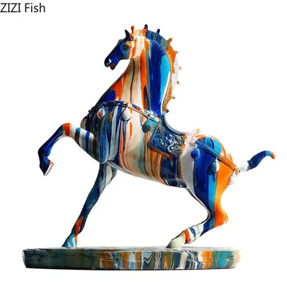 Vibrant blue and orange abstract animal resin statue horse with intricate saddle from decorbites resin statue collection