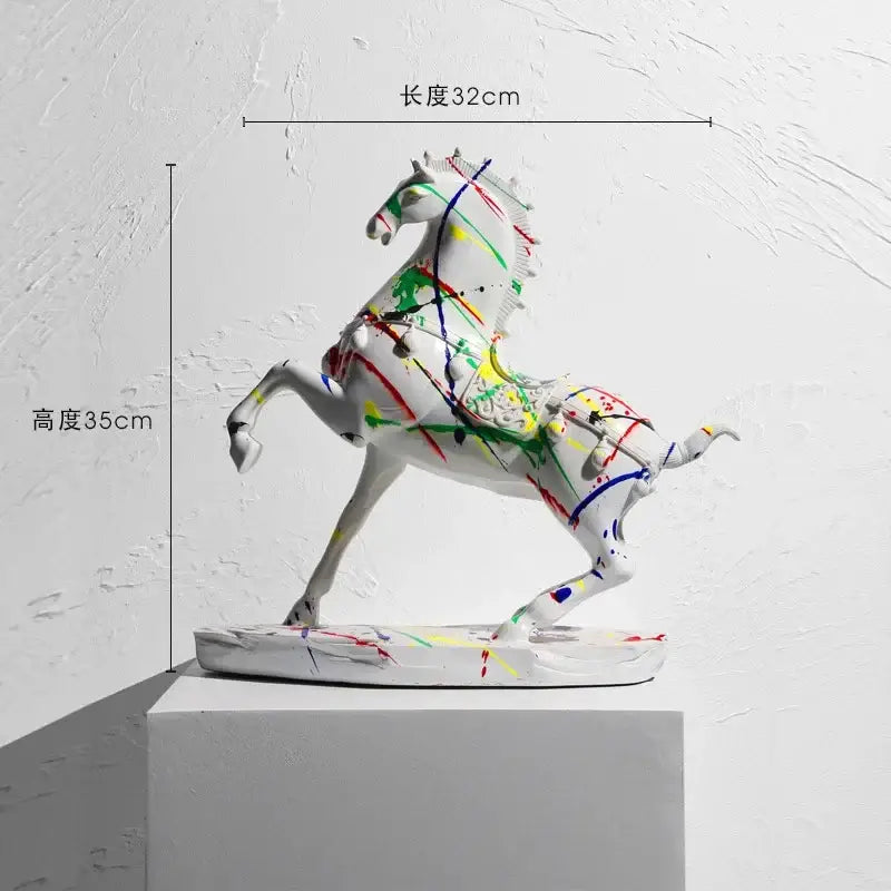 White ceramic horse sculpture with vibrant abstract paint splatters in the decorbites animal resin statue collection