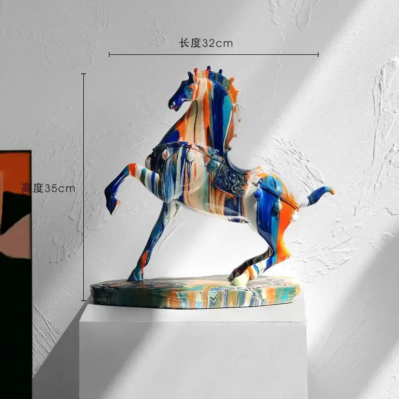 DecorBites animal resin statue of an abstract horse with flowing blue orange and white paint in resin statue collection