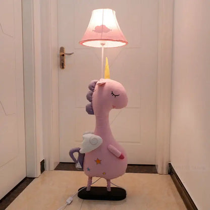 Pink plush unicorn floor lamp with yellow horn purple mane wings and star decals animal shape led for children’s room