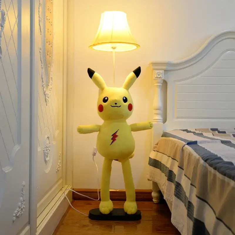 Decorbites™ yellow plush pikachu animal shape led floor lamp with black ears and red lightning bolt on black base