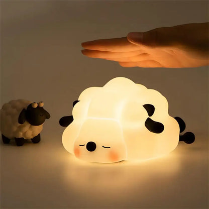 DecorBites™ cute white and black sheep-shaped animal silicone night light with soft glowing illumination and USB rechargeable timer