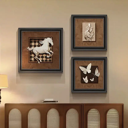 White sculpted horse animal wall decor in black wall decor frame with checkered background from decorbites decor frame set
