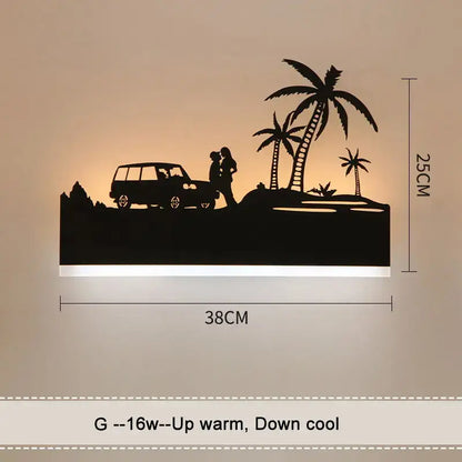DecorBites™ black metal animal wall lamps featuring a couple silhouette by vintage car under palm trees with warm lighting