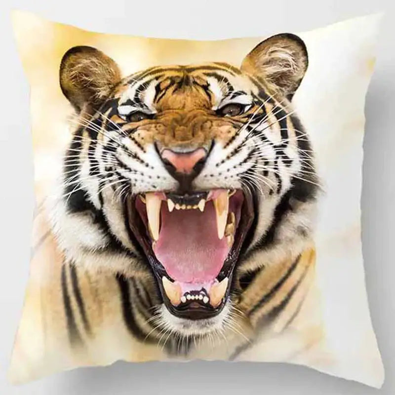 Square pillow case from decorbites animals world featuring a vivid animals world tiger print in orange and cream tones