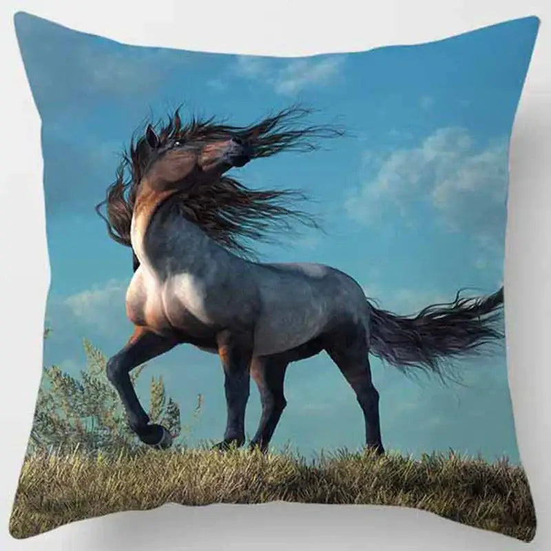 Square pillow case from decorbites animals world featuring a dark gray and brown horse print for living room use
