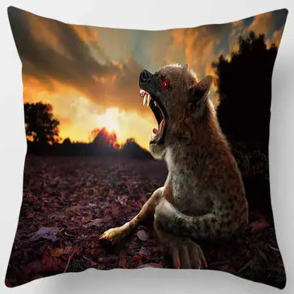 Square pillow case from decorbites animals world featuring a vivid snarling werewolf print against sunset backdrop