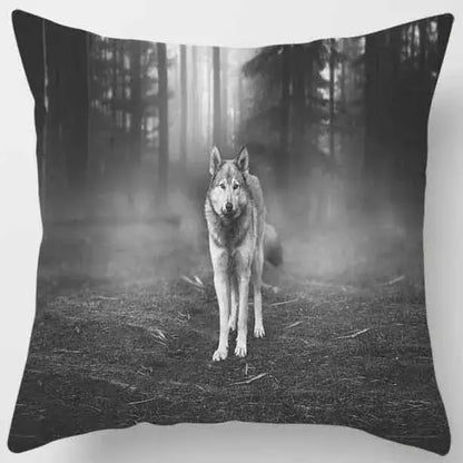 Black and white pillow case featuring a grayscale wolf in misty forest from decorbites animals world tiger lion set