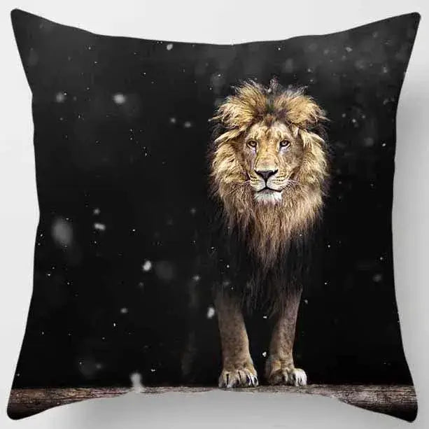 Black pillow case featuring a realistic male lion with golden-brown mane from decorbites animals world tiger collection
