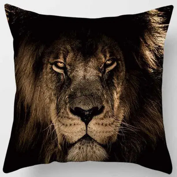 Black cushion pillow case from decorbites animals world featuring a detailed sepia-toned lion face print for living room use