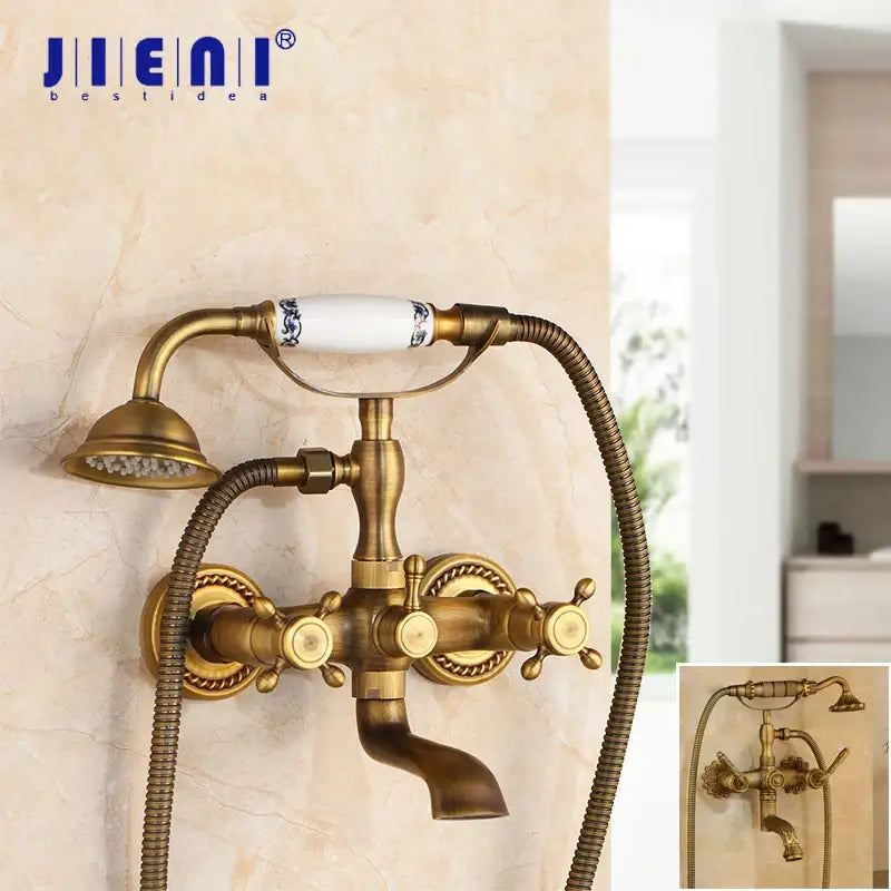 DecorBites™ antique brass wall mounted shower mixer set with ceramic handle featuring blue floral patterns and two knobs