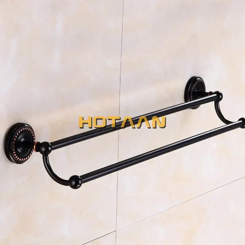 DecorBites™ antique black brass double towel bar with ornate circular mounts and decorative spherical accents