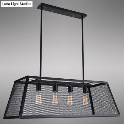 Black metal mesh pendant light with three exposed bulbs in iron trapezoid suspension restaurant island chandelier design