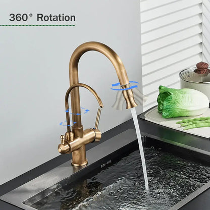 Decorbites antique brass 2-in-1 kitchen faucet with brass finish curved spout rotating pull-down spray head