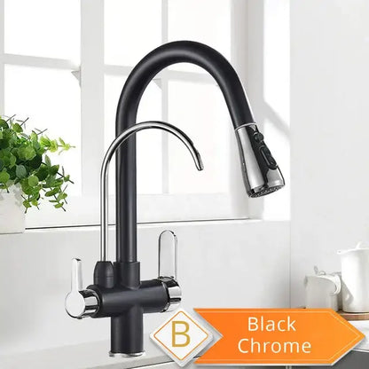 Decorbites antique brass 2-in-1 kitchen faucet with black chrome curved spout and pull-down spray head