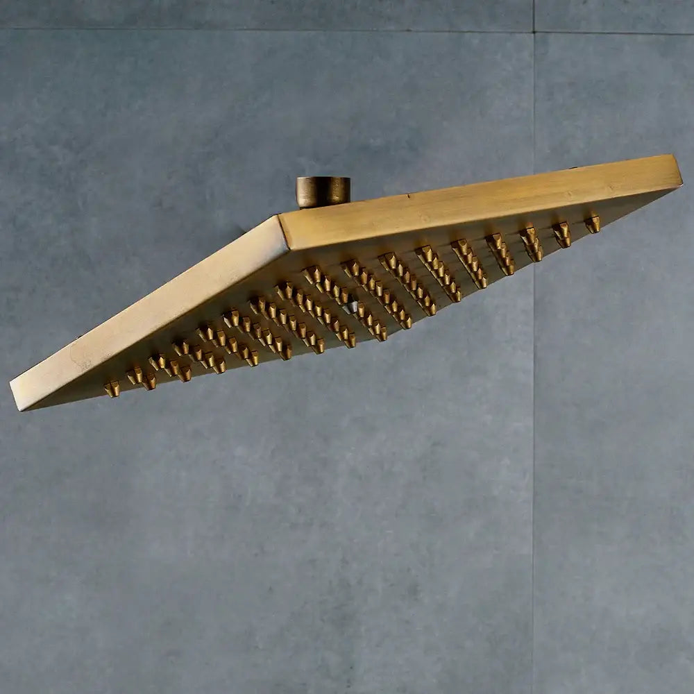 Decorbites antique brass shower head with 8-inch square shape brushed metallic finish and multiple nozzles in antique brass