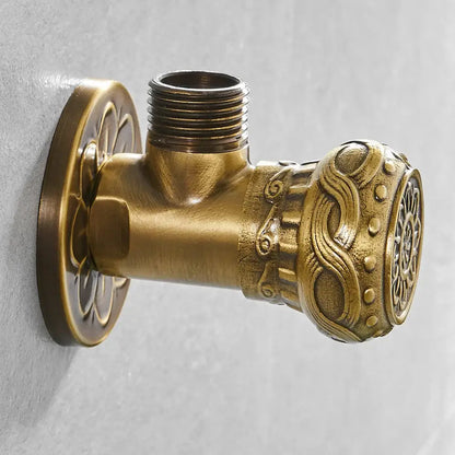 DecorBites antique brass angle stop valve with ornate embossed floral and scrollwork detailing for faucet and toilet