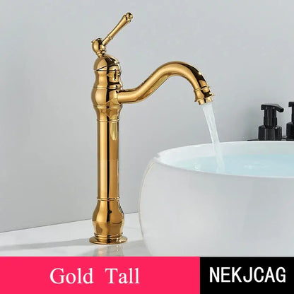Gold tall basin faucet with sleek ornate design and polished finish in decorbites antique brass hot cold mixer tap