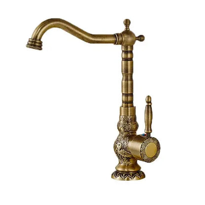 Decorbites antique brass basin faucet with long spout ornate flower carving and cross-handle design for sink use