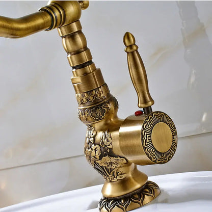 Decorbites antique brass basin faucet with long spout and intricate floral embossed design for sink use with 360 rotation