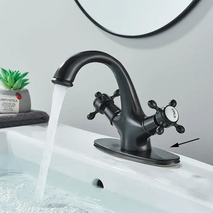 Decorbites antique brass basin faucet with black matte finish and cross-shaped handles featuring a cold label