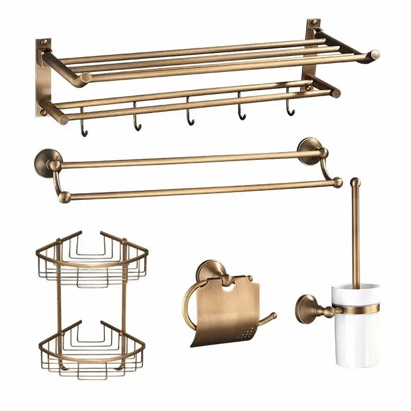 Decorbites antique brass bathroom accessory set with double-tiered towel rack toilet paper holder and brush cup